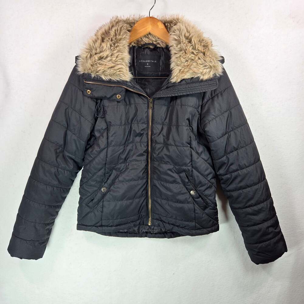 Aeropostale Black Puffer with Faux Fur Collar Detachable Hood Women Small